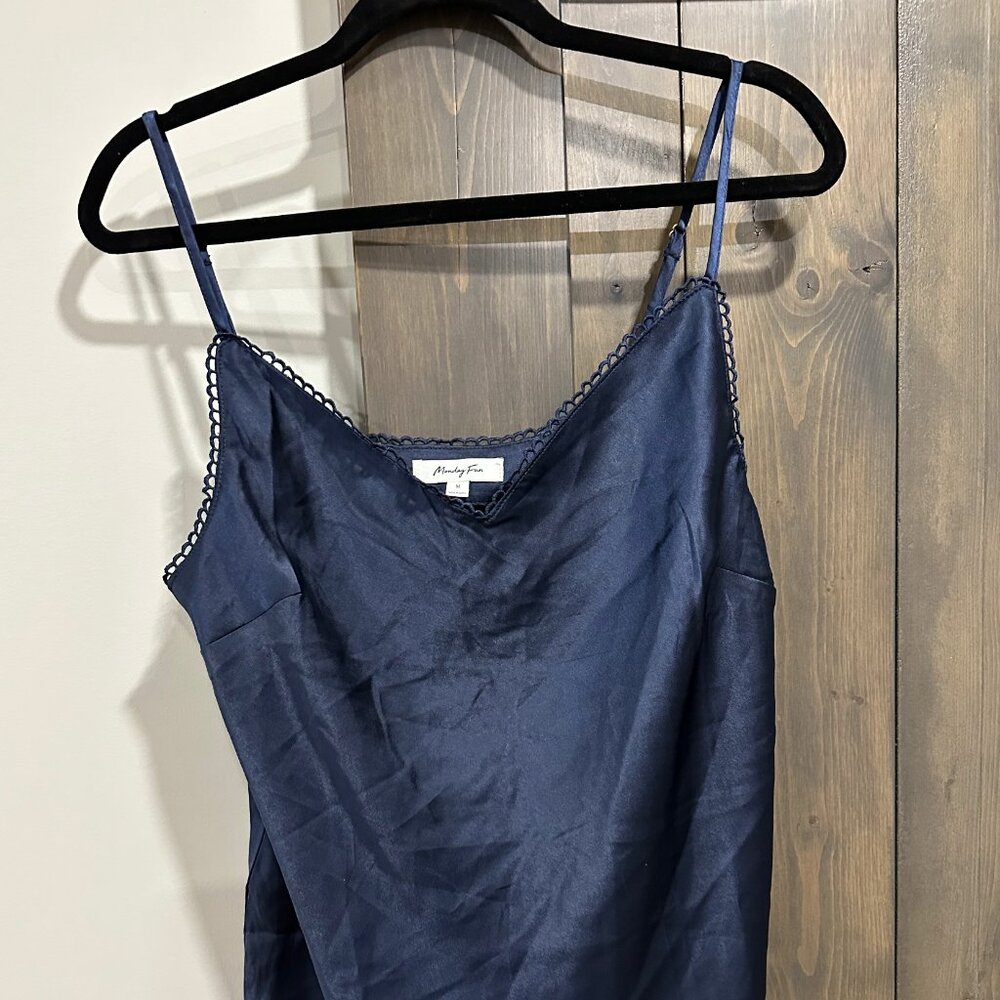 NWT Size Medium Monday Fun Satin Navy Blue Tank